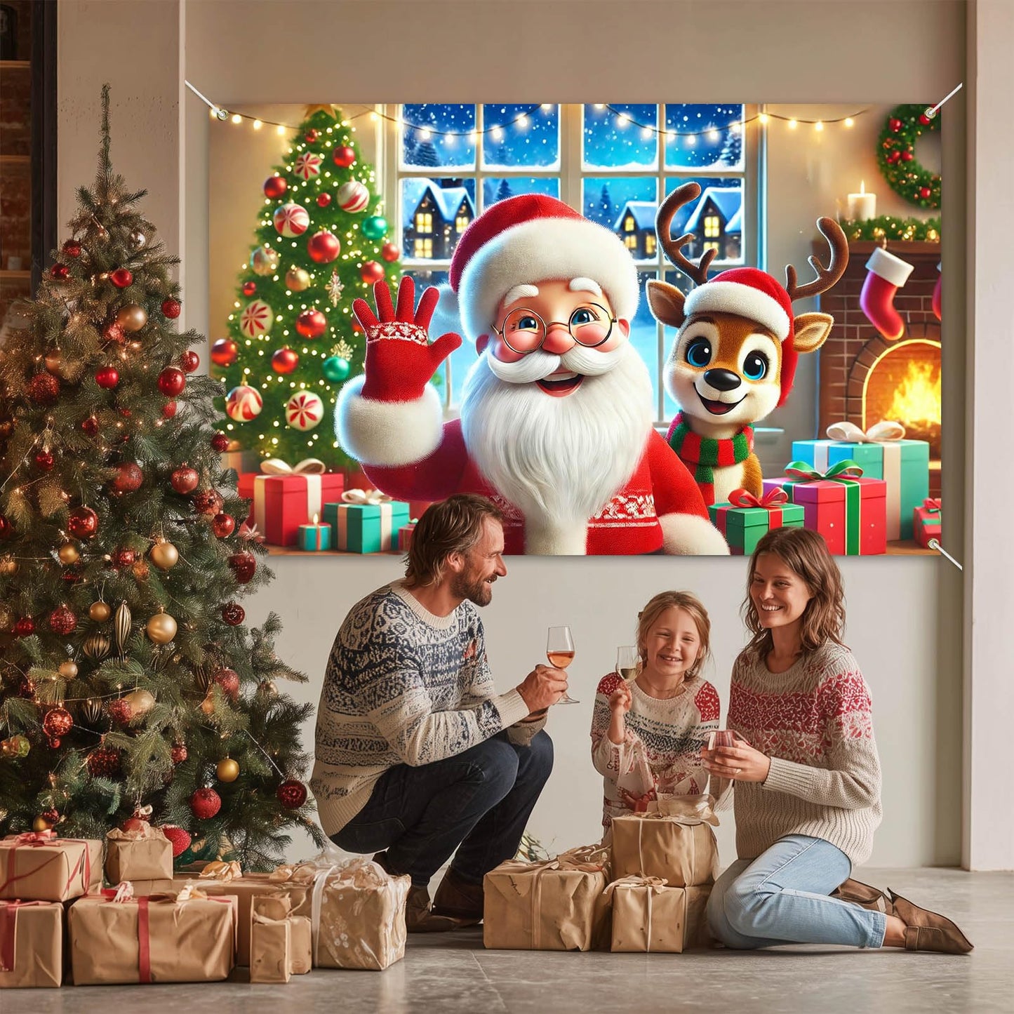 BlissYard Christmas Holiday Backdrop Santa Claus Reindeer Gifts Fireplace 71x43 Inch Photography Background Banner for Winter Party Decorations Cozy Event Home Decor Large Photo Booth Prop