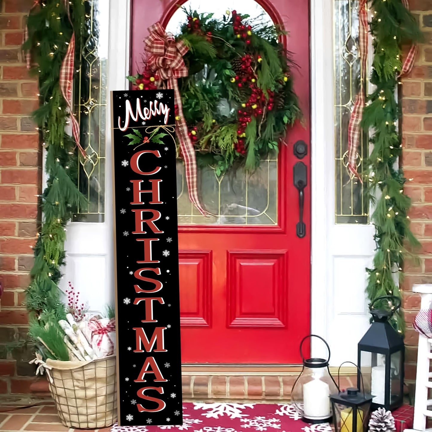 Merry Christmas Welcome Porch Sign Xmas Wooden Door Sign 47'' Large Porch Sign for Home Front Door Yard Party Decor