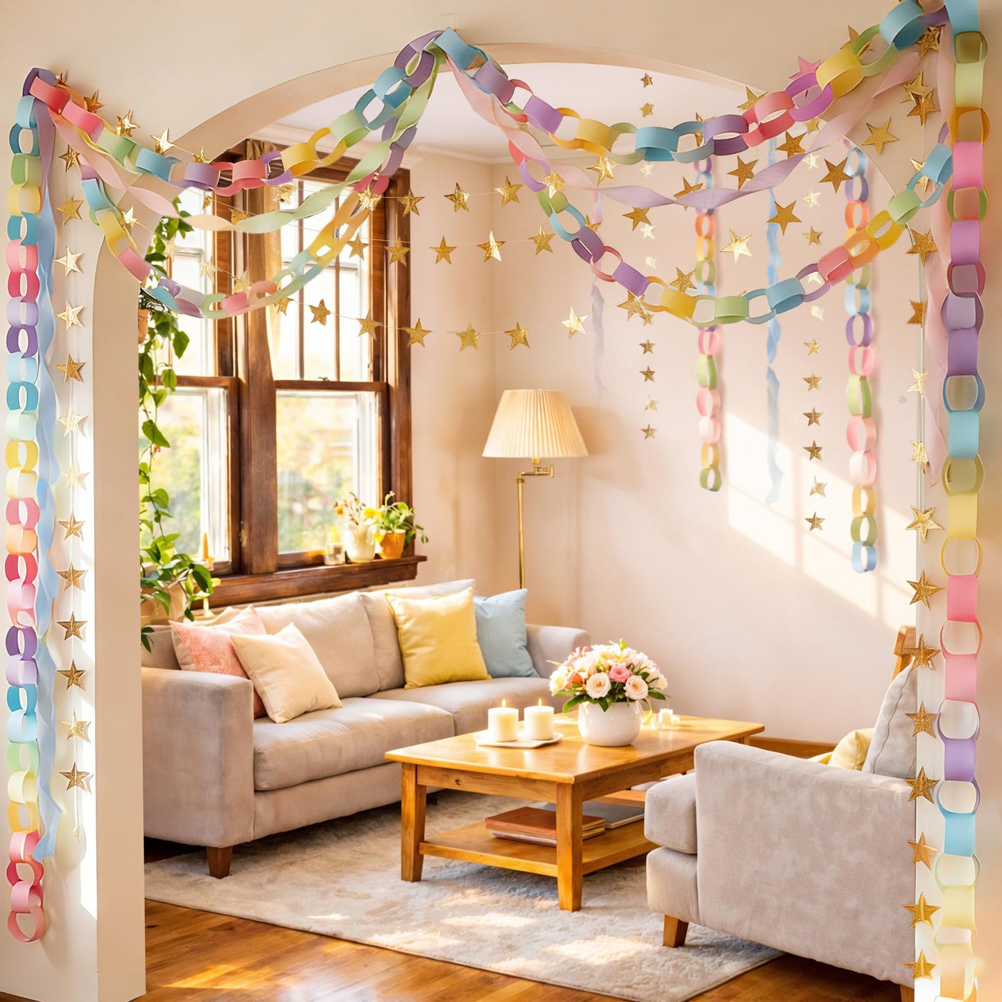 Gleebixi Pastel Birthday Party Decorations Kit with 492ft Crepe Paper Streamers, 300 Sheets Paper Chain Strips and 78.6ft Gold Star Garland for Hanging Decor