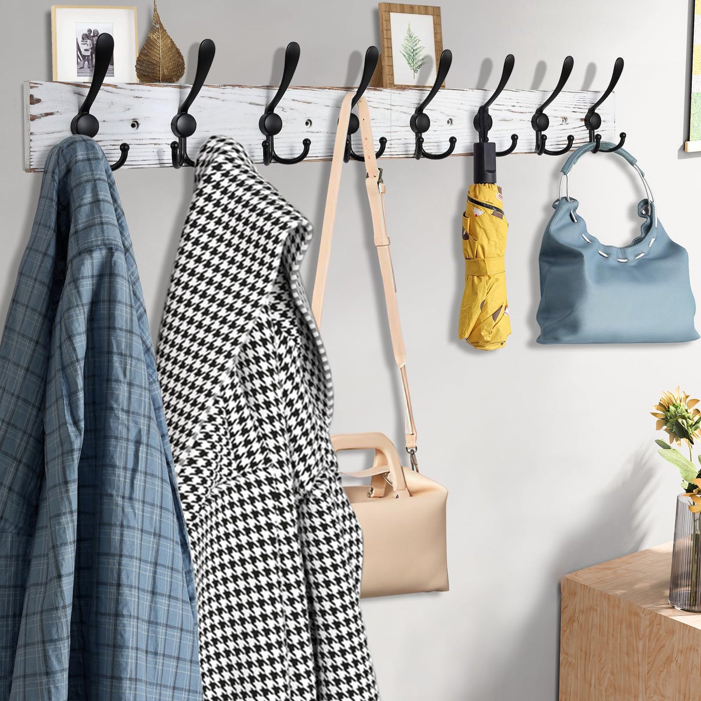 Kuhome 32.2'' Large Coat Rack Wall Mount Coat Hooks with 8 Metal Black Triple-Hooks Old White Pine Real Wood Plank Hat Rack for Wall Hooks