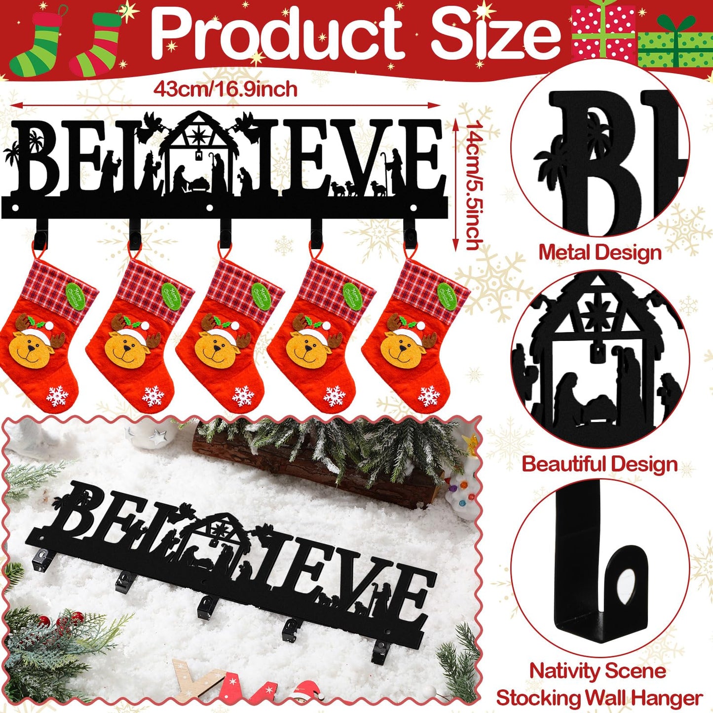 Cinnvoice Nativity Christmas Stocking Holder for Wall with 5 Hangers Metal Christmas Stocking Wall Hanger Mantel Rack Hanging Mount Hook for Holiday Xmas Fireplace Decoration, Black(Believe)