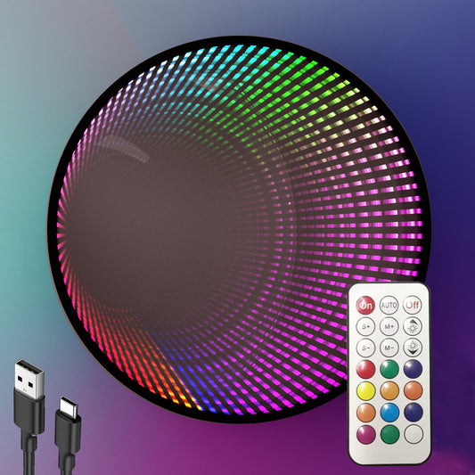 owosald Infinity Mirror Light Round, Remote Controlled, USB Powered LED Wall Decor, Dimmable RGB Color Changing (Black, Remote Control)