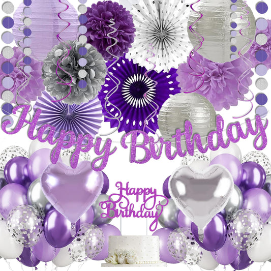 Purple Silver Birthday Party Decorations Kit with Happy Birthday Banner, Paper Lanterns, Streamers, Tissue Pom Poms, Honeycomb Flower Fans, Silver and Purple Balloons, & More for Women Girls' Party