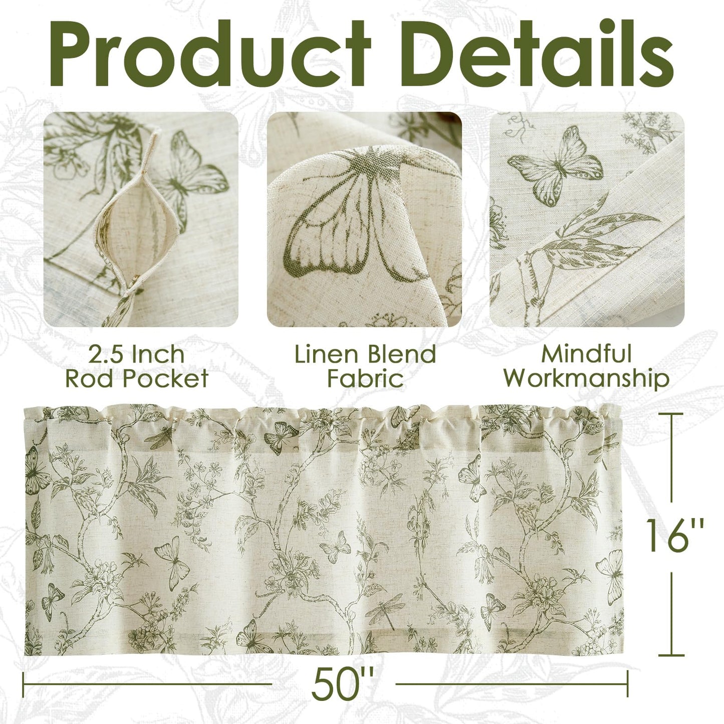 Lazzzy Green Floral Valance Curtain Linen Farmhouse Valance for Kitchen Living Room Bedroom Country Valances Window Treatments Small Window Cafe Curtain 16 Inch Rod Pocket 1 Panel Green on Beige