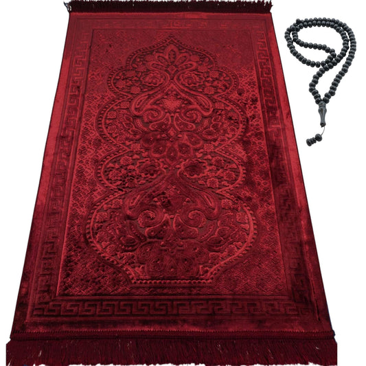 Modefa Luxury Velvet Prayer Rug with Prayer Beads | Soft Elegant Muslim Turkish Janamaz Sajada Carpet for Men and Women | Plain Solid Prayer Mat Ramadan Eid Gift - Paisley (Red)