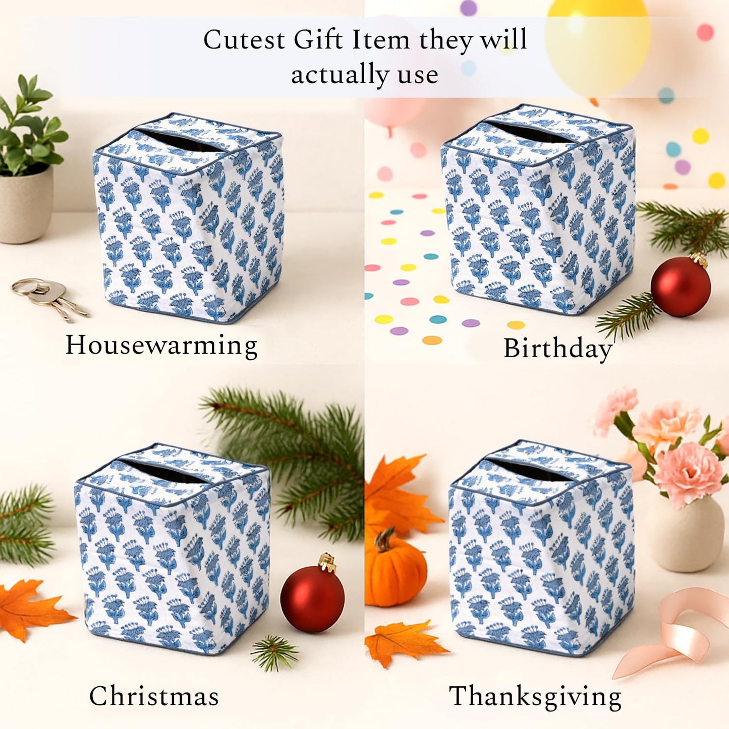 CPC Apatite Blue Hand Block Printed Cotton Tissue Box Cover 5" x 5" x 5.5" Square Soft Reusable Boho Napkin Holder for Home Kitchen Dining Bathroom Office Cafe Spa, Gift for Spring, Mother's Day