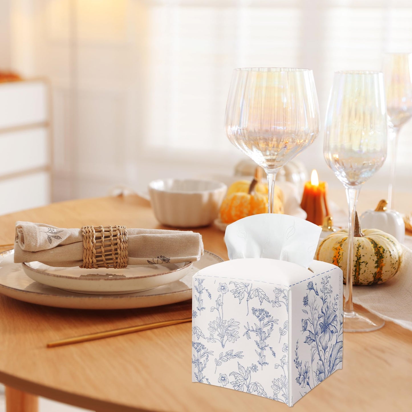 Spring Floral Tissue Box Cover Square - Sketch Flowers Tissue Holder - Waterproof Facial Paper Organizer for Home Bathroom Office - Desk Tabletop Supplies Decorative Dispenser Box - A03