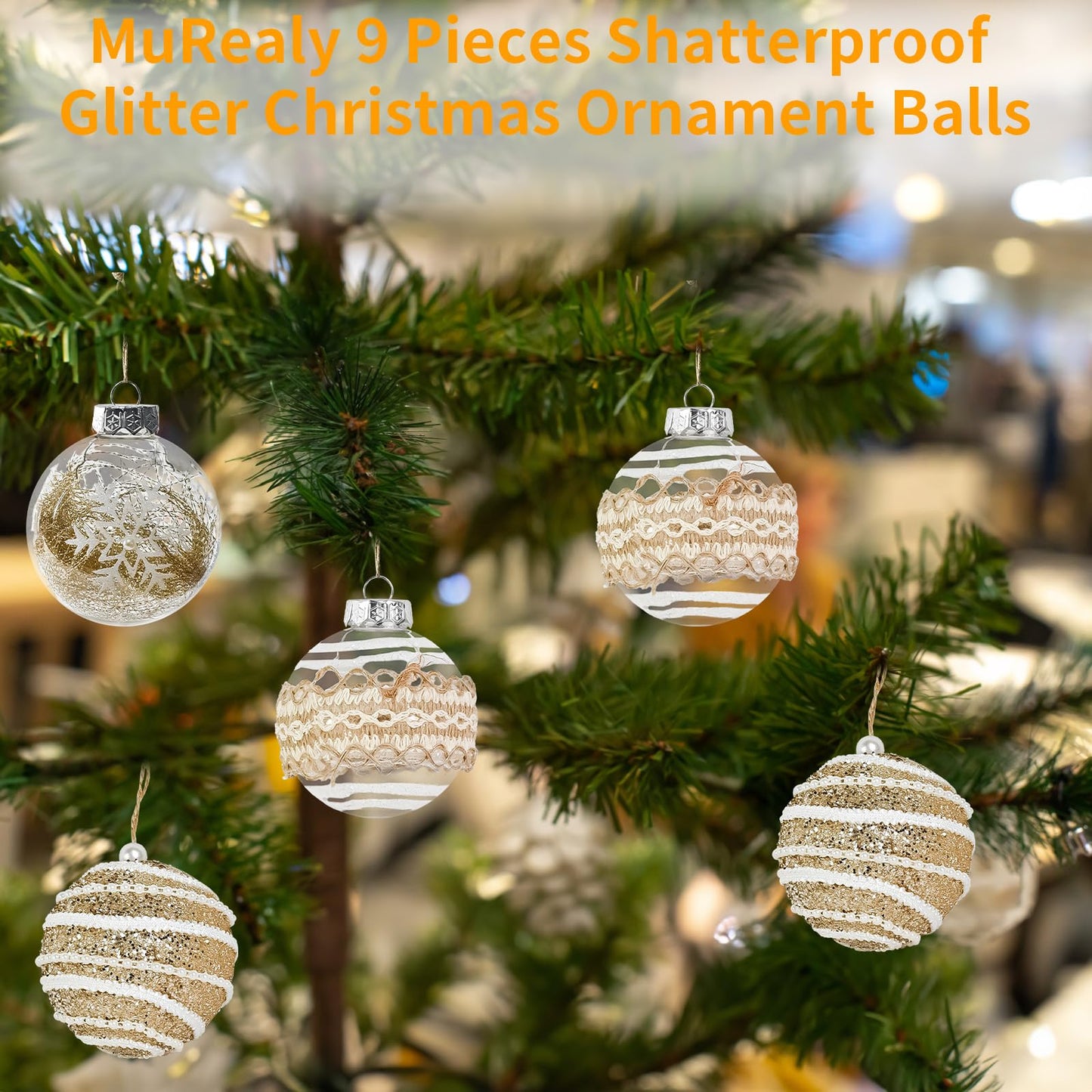 MuRealy Champagne Ornament Set - 9 PCS 3.15 Inch Shatterproof Glitter Hanging Balls - Plastic Decor Balls for Holiday Party, Christmas Tree (8cm)