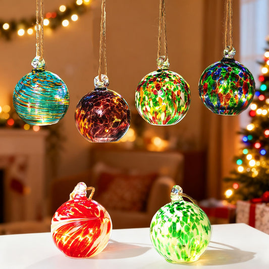 Hewory Glass Christmas Ornament Balls: 6 PCS Unique Hand Blown Holiday Decorative Hanging Ball Decor Set, Colorful Glass Ornaments for Christmas Tree Outdoor Garden Patio Window Xmas Decorations