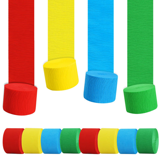 BEISHIDA 8 Rolls Red Yellow Blue and Green Crepe Paper Streamers for Carnival Circus Sesame Street Paw Party Decorations, Birthday DIY Craft Paper(1.8 Inch x 82 Ft/Roll)