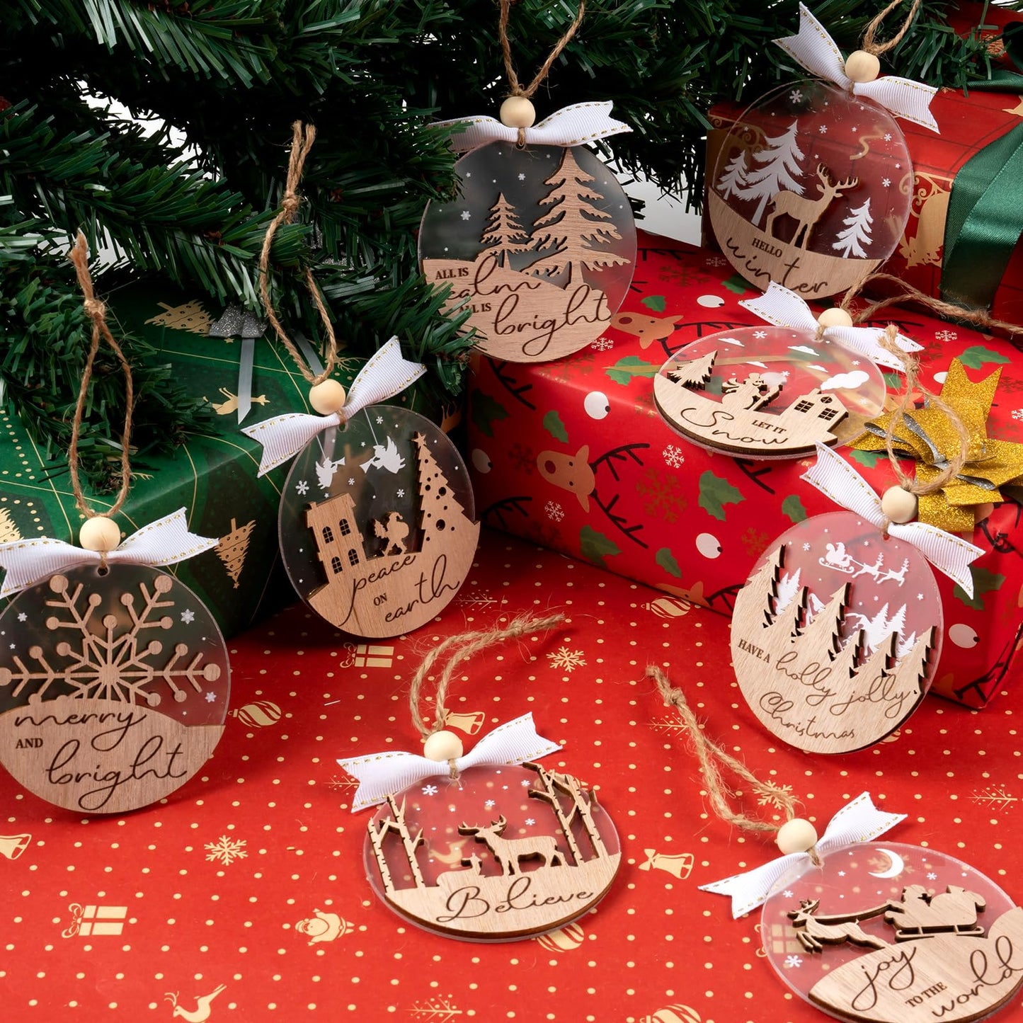 GuassLee 16pcs Winter Christmas Hanging Ornaments for Tree - 3D Wooden Acrylic Christmas Cutouts Reindeer Snowman Snowflake Ornaments for Xmas Tree Gifts Winter Party Supplies