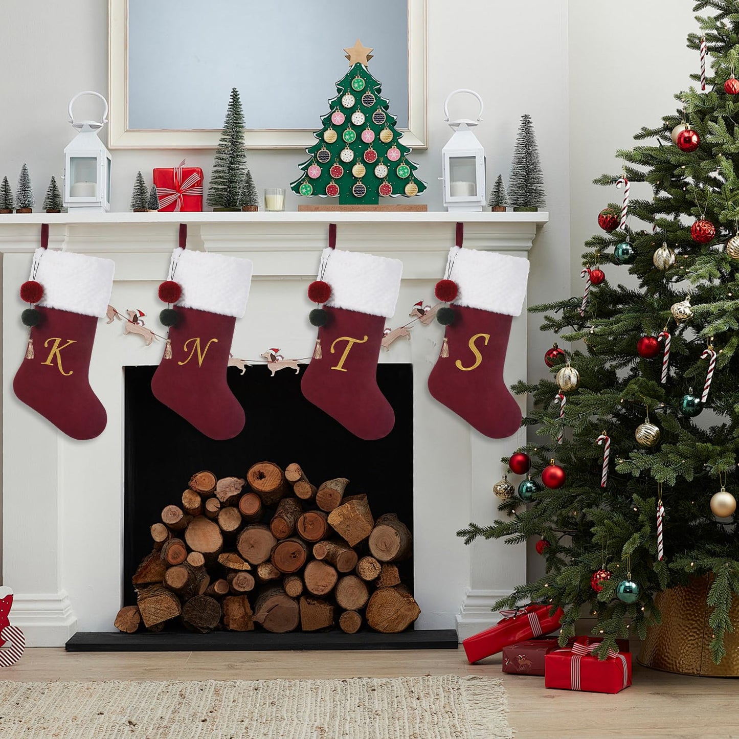 Pxniy 19.5 inches Personalized Velvet Christmas Stocking,Initials Embroidered Letter Christmas Stocking with pom poms, for Fireplace Hanging Decor and Xmas Gift(Burgundy J)