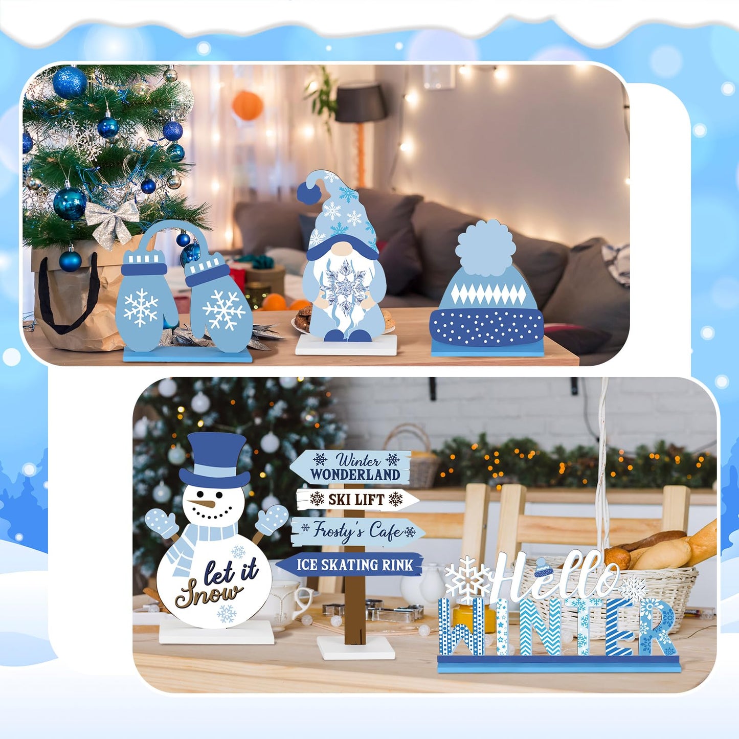 Barydat 6 Pcs Winter Wooden Table Decorations Snowman Snowflake Wooden Centerpieces for Party Black White Blue Tabletop Block Signs Winter Tiered Tray Decor for Home Office Kitchen(Snowman)