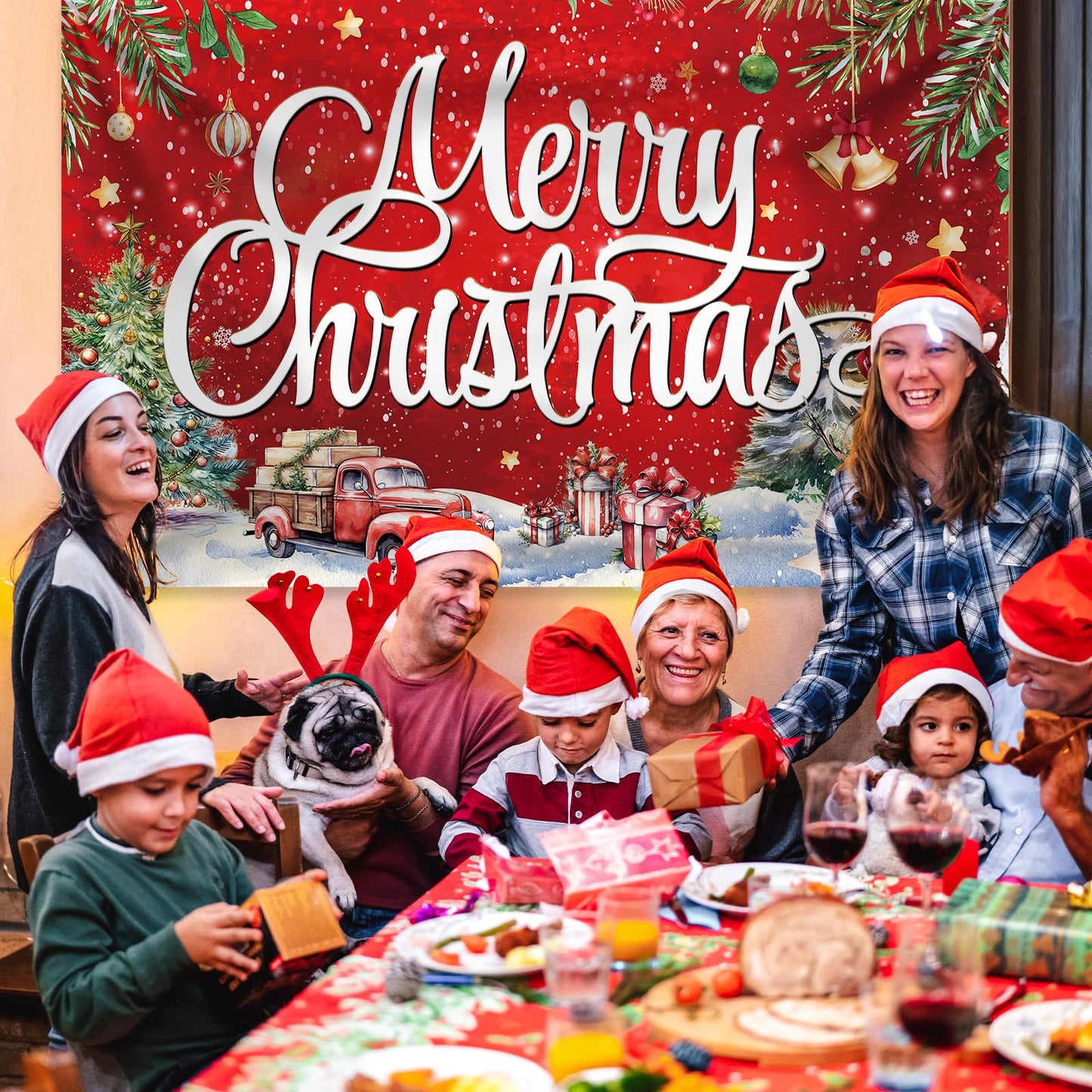 Large Christmas Banner Decorations Red Flag Outdoor 72x44 Inch, Merry Christmas Gifts for Indoor Home House Decor Party Supplies, Yard Sign Background for Photography