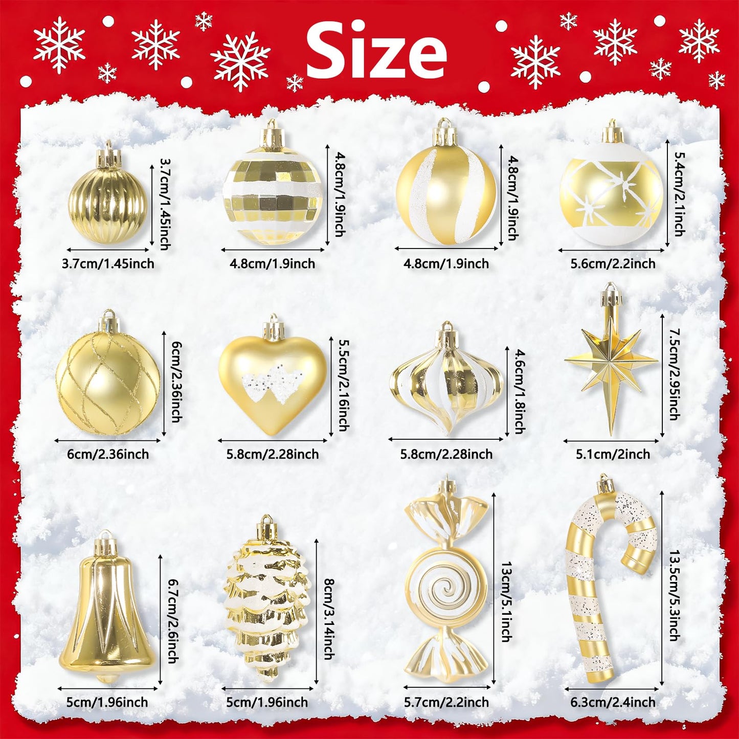 Christmas Ornaments, 16Pcs Gold and White Christmas Ornaments Set with Hanging Strings Ideal for Christmas Tree Decorations and Indoor Accents
