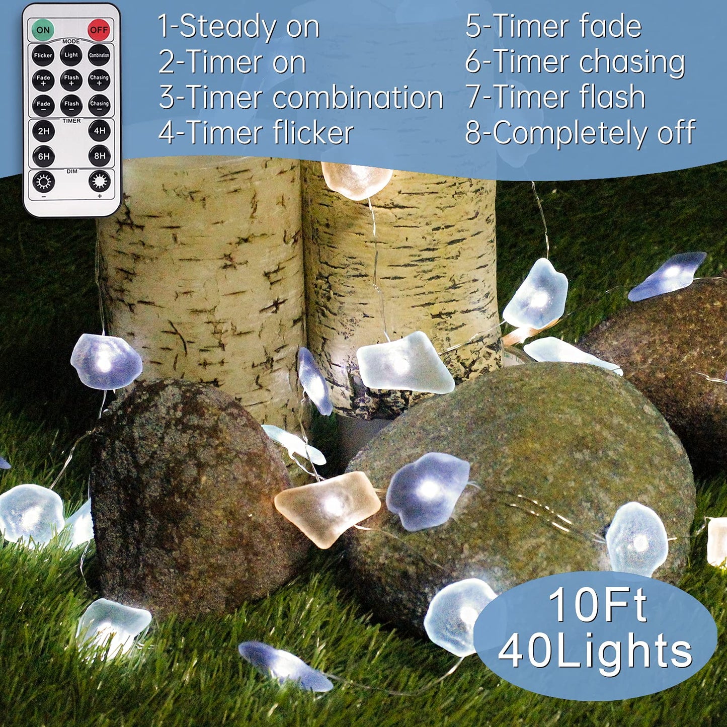 Impress Life Ocean Decor String Lights, Sea Glass Festive Beach Themed 10 ft 40 LEDs Battery&USB Cord Operated Decorative Lights with Remote Timer for Tent Wedding Nursery Bedroom Party Ornament