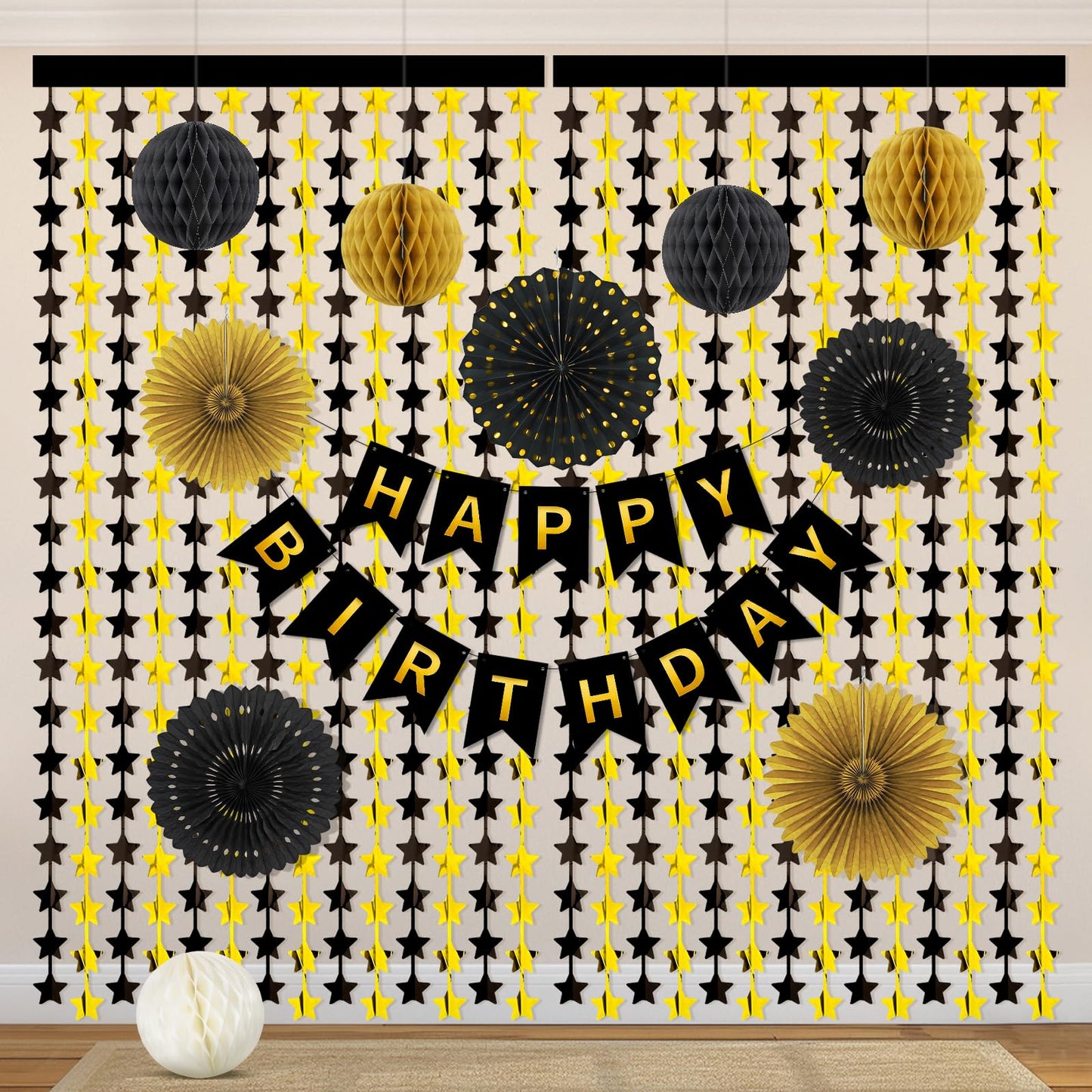 Black and Gold Party Decorations, 13Pcs Hanging Paper Fans Star Foil Curtains Happy Birthday Banner & Honeycomb Balls for Graduation Decorations 2026 and Birthday Party Supplies