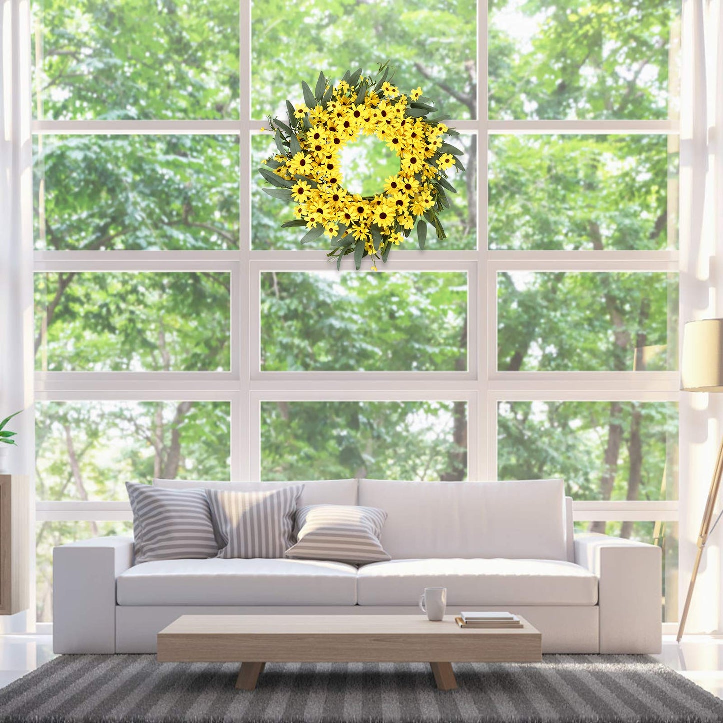 JINGHONG Yellow Spring Wreath 22 Inch Summer Wreath with Sunflower and Daisy Flower Wreaths for Front Door Window Wall Decoration and Indoor Outdoor Decor