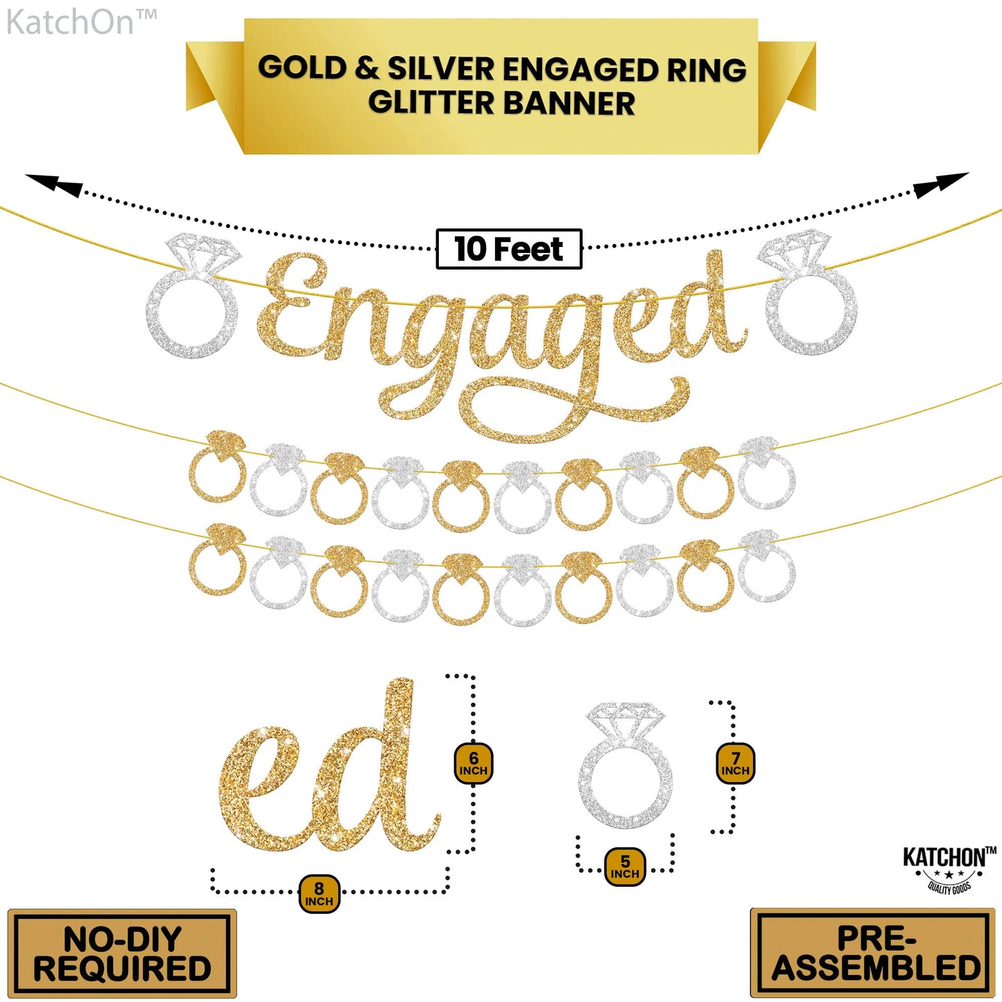 KatchOn, Pre-Strung Gold and Silver Glitter Engaged Banner - 2 String, 10 Feet, No DIY | Engagement Party Decorations | Banner for Bachelorette Party Decorations, Engagement Decorations, She Said Yes Decorations