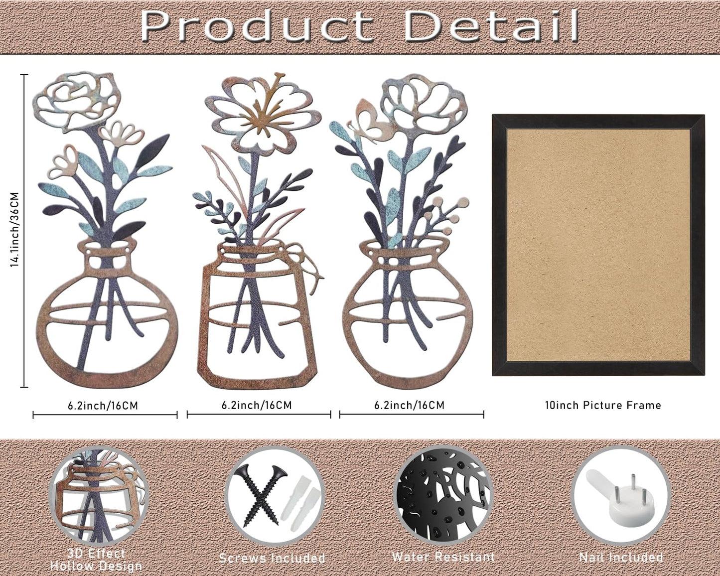 Lcaughsy Metal-Wall-Decor Living Room - 3 Pcs Metal Bathroom Wall Art Floral Vase and Picture Frame for Decoration- Hanging Display Wall Decor Art for Home Dining Room Bedroom Kitchen Farmhouse,Brown