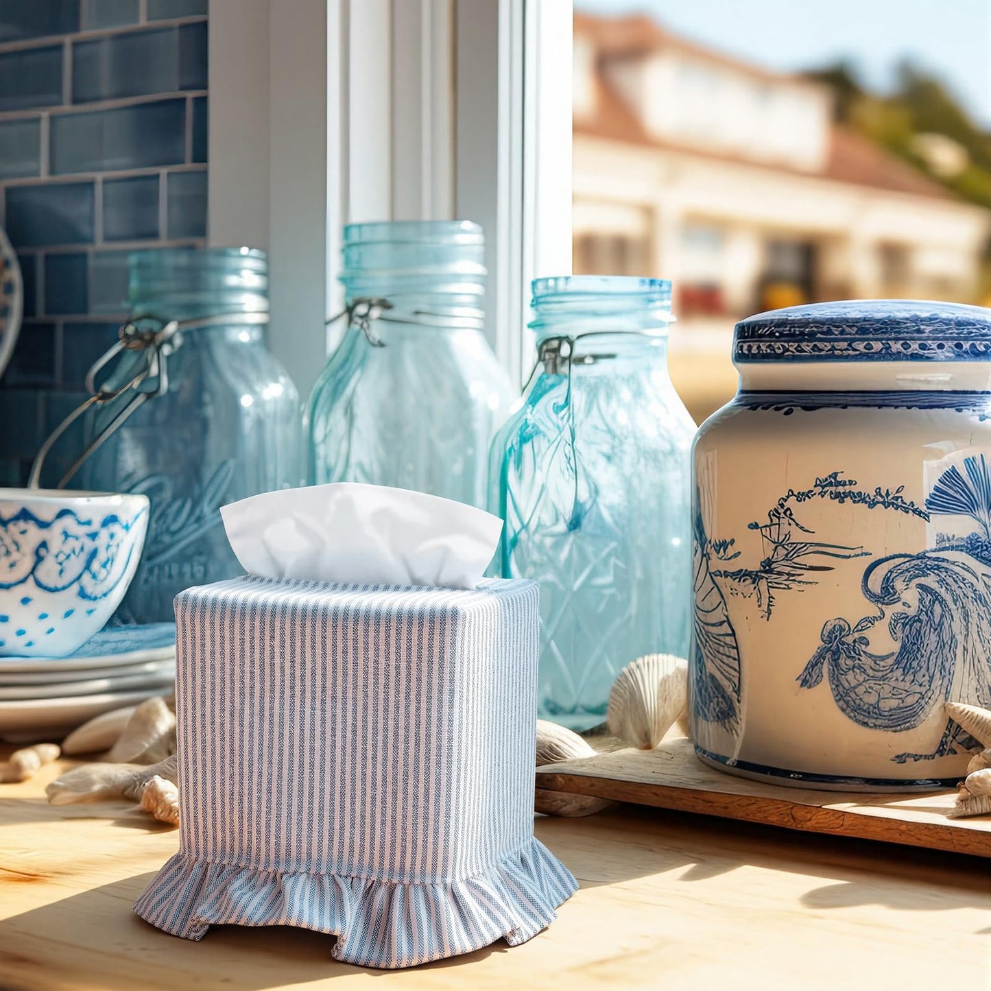 Sawysine Fabric Coastal Tissue Box Cover Light Blue White Linen Tissue Box Cover Decorative Beach Square Napkin Holder for Home Bedroom Living Room Bathroom Office Kitchen
