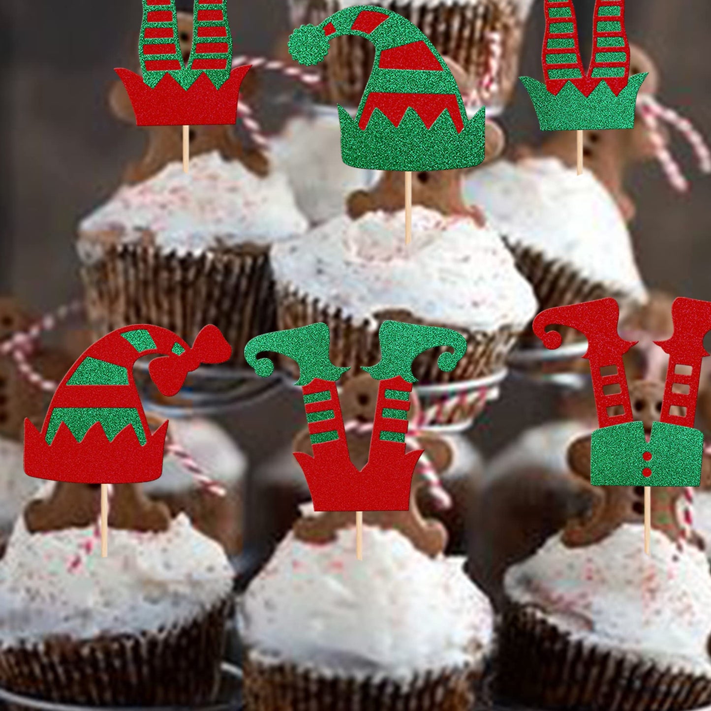Rsstarxi 24 Pack Christmas Elf Cupcake Toppers Glitter Merry Santa Hat Elf Legs Cupcake Picks for Merry Christmas Theme New Year Holiday Baby Shower Kids Birthday Party Cake Decorations
