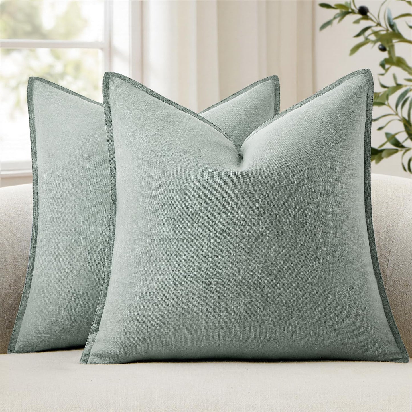 ANRODUO Pack of 2 Decorative Linen Pillow Covers Aqua Green Neutral Farmhouse Boho Soild Cushion Case Soft Accent Pillowcase for Couch Sofa Bedroom Living Room Spring Home Decor 18 x 18 Inch