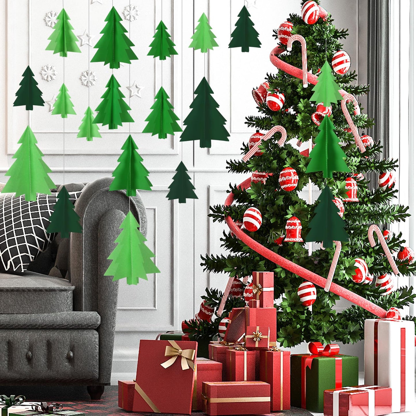 JarThenaAMCS 18Pcs 3D Christmas Tree Hanging Decorations Green Xmas Tree Paper Hanging Ornaments with String for Winter Home Party Wall Ceiling