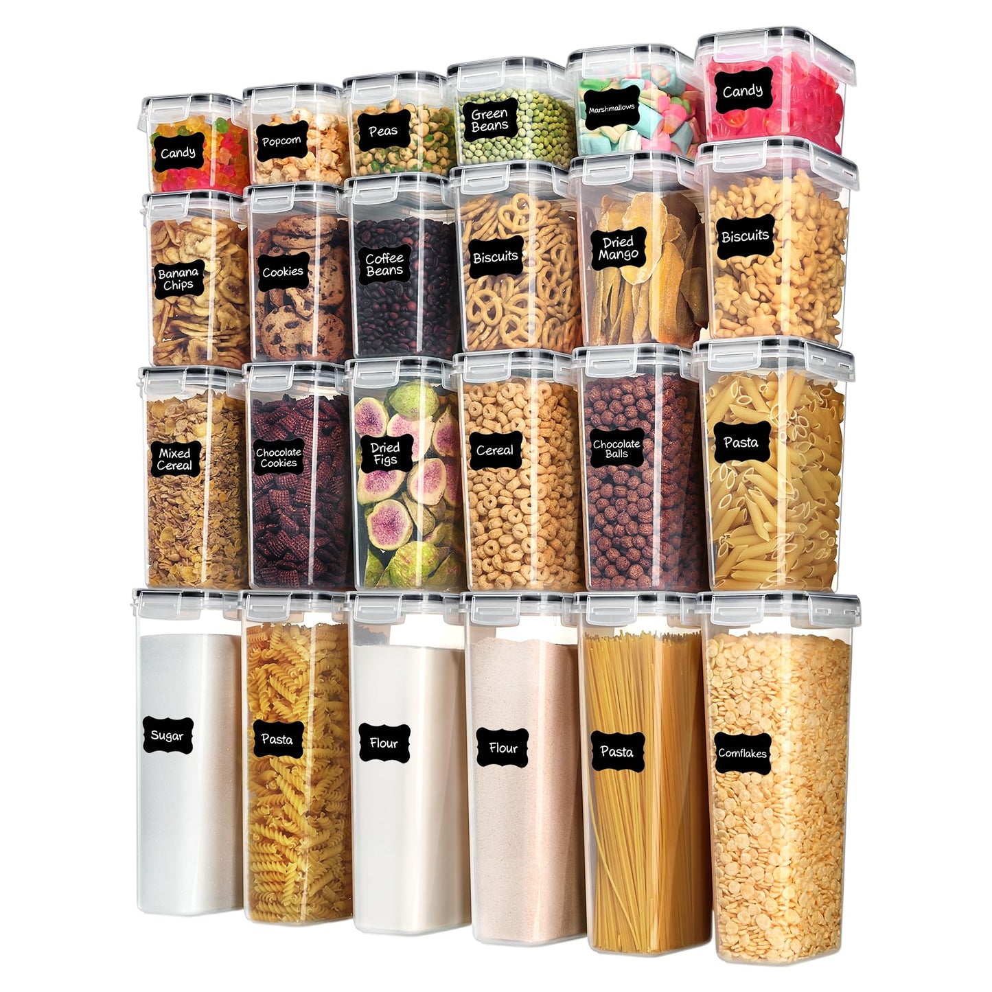 Airtight Food Storage Containers with Lids, Vtopmart 24 pcs Plastic Kitchen and Pantry Organization Canisters for Cereal, Dry Food, Flour and Sugar, BPA Free, Includes 24 Labels，Black