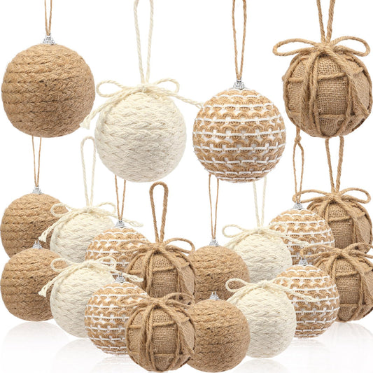 Leyndo 16 Pcs 3.15 Inch Burlap Christmas Ball Ornaments Rustic Farmhouse Christmas Tree Ornaments Neutral Jute Rope Hanging Balls Decorations Boho for Xmas Party Holiday Decor(Rustic Style)