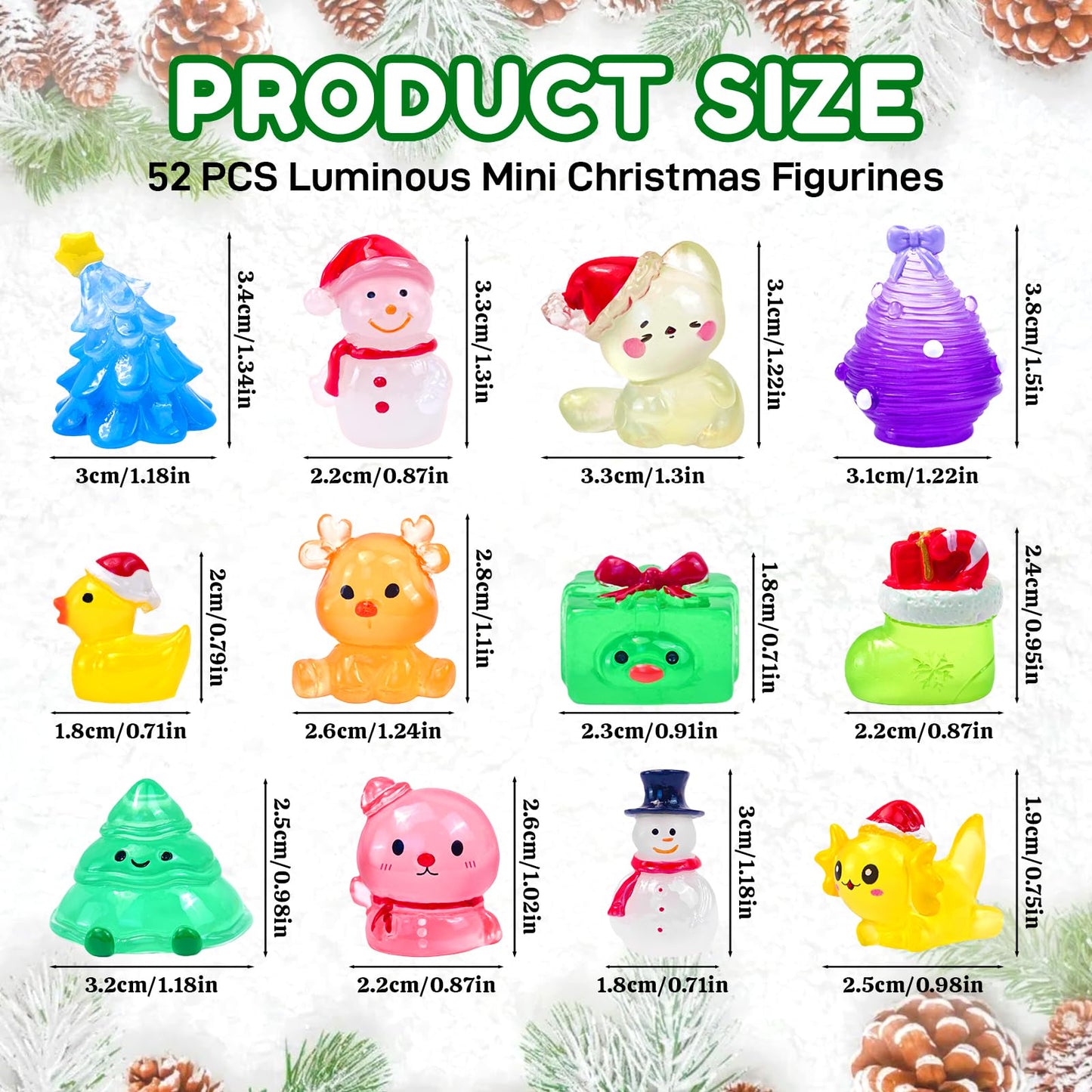 Feivando 52 Pcs Luminous Mini Christmas Figurines Glow in The Dark Tiny Little Resin Snowman Miniature Figures for Xmas Holiday Crafts Garden Micro Landscape Party Home Table Decor