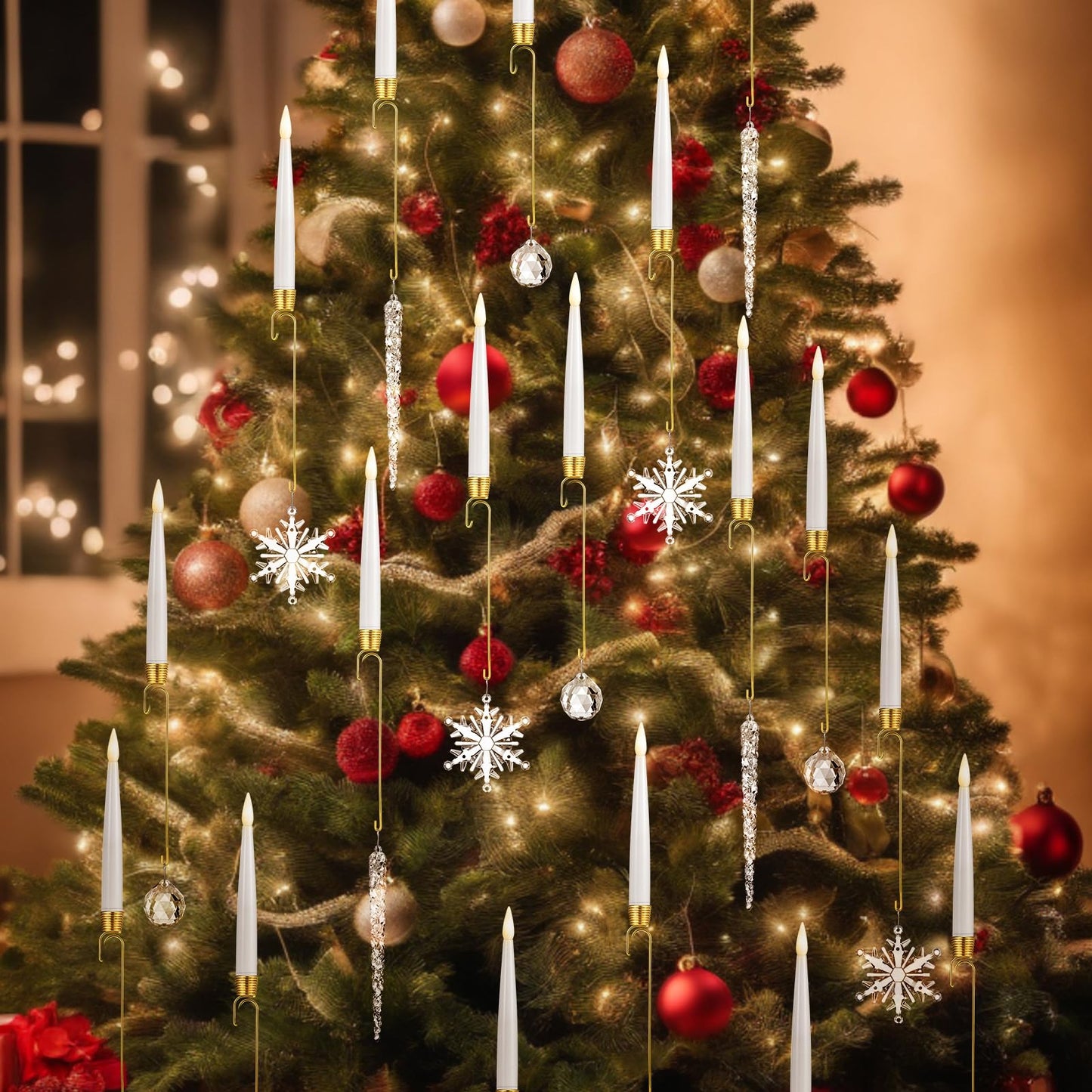 Baquler 12 Pcs Christmas Tree Candles with Remote, Flameless LED Taper Candles Battery Operated Lights with Ball Icicles Snowflake Hooks Xmas Hanging Decor for Winter New Year Party