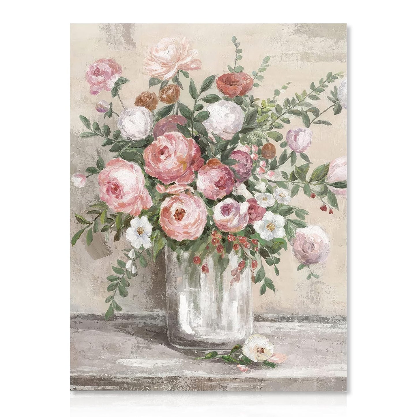 Dazzlewall Vintage Floral Canvas Wall Art Farmhouse Still Life Posters Rustic Pink and White Flower Vase Prints Botanical Oil Painting for Bathroom Bedroom Living Room 12x16in Unframed