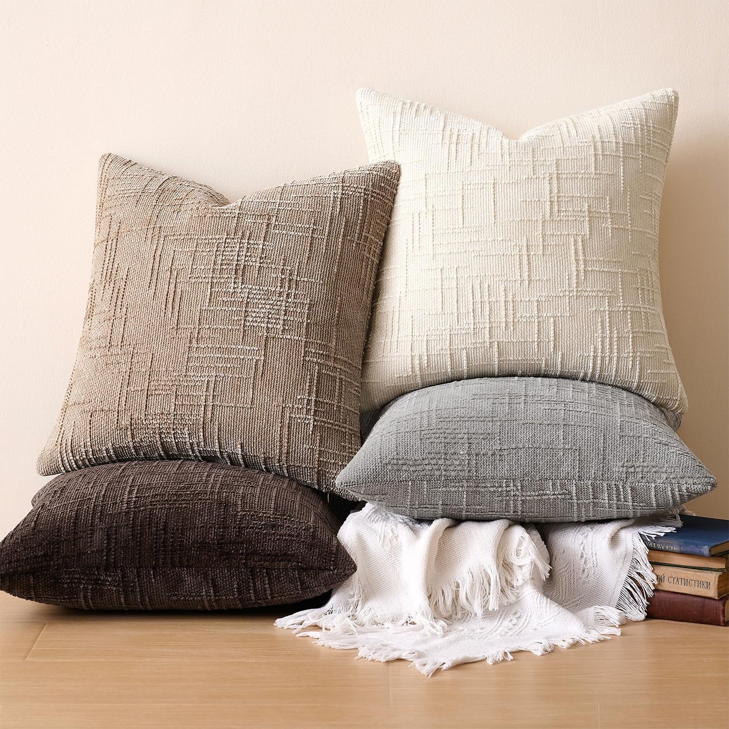 GriNeed Throw Pillow Covers Neutral Khaki Set of 2 18x18 Inch Pillow Covers, Soft Chenille Decorative Pillowcases for Couch Sofa Bed Living Room, Home Boho Decor, Modern Farmhouse Cushion Covers