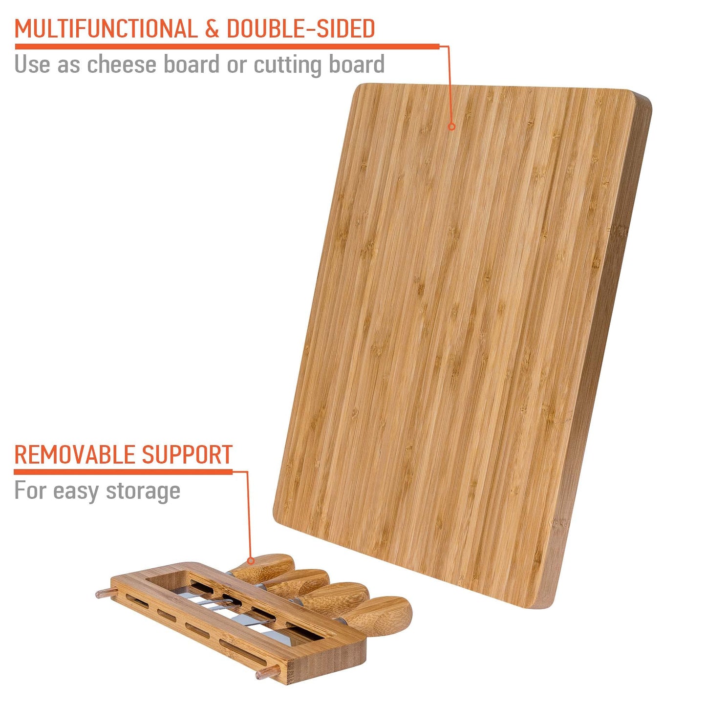Bamboo Cheese Board and Knife Set 14x11 inch – Wood Cheese Cutting Board, Serving Tray Platter, Charcuterie Board Set with 4 Cheese Knives – BlauKe®