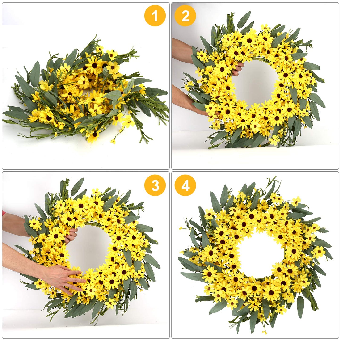 JINGHONG Yellow Spring Wreath 22 Inch Summer Wreath with Sunflower and Daisy Flower Wreaths for Front Door Window Wall Decoration and Indoor Outdoor Decor