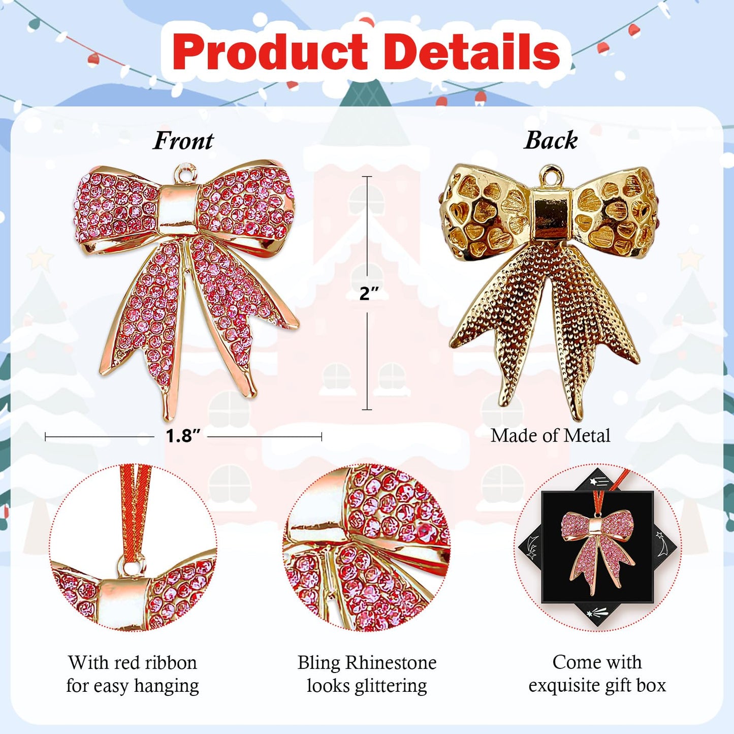 FurniGift Metal Bowknot Christmas Ornaments 2025- Pink Bowknot with Rhinestones Ornaments for Hanging Christmas Tree,Keepsake Gifts for Women Girls Mom Sisters Friends