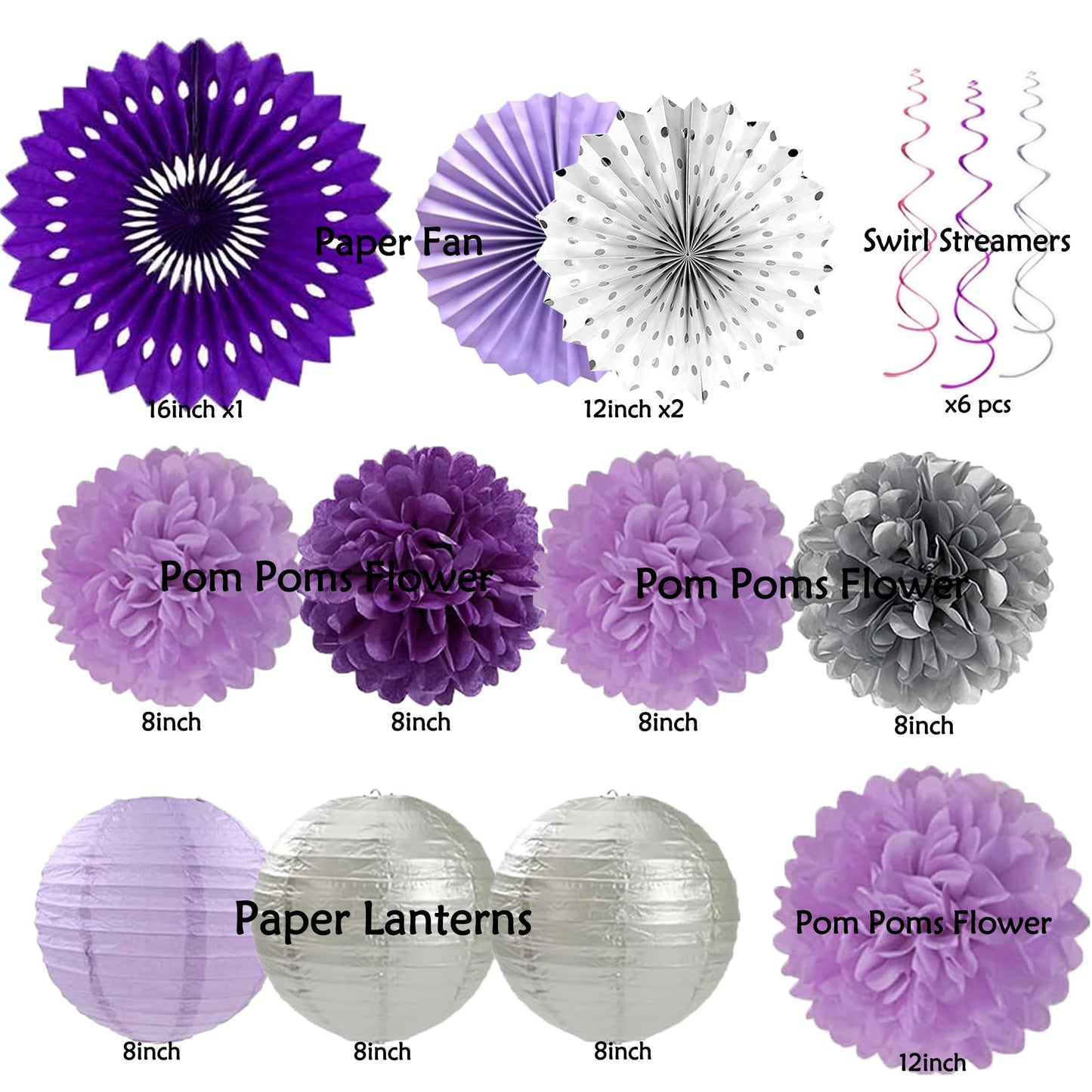 Purple Silver Birthday Party Decorations Kit with Happy Birthday Banner, Paper Lanterns, Streamers, Tissue Pom Poms, Honeycomb Flower Fans, Silver and Purple Balloons, & More for Women Girls' Party