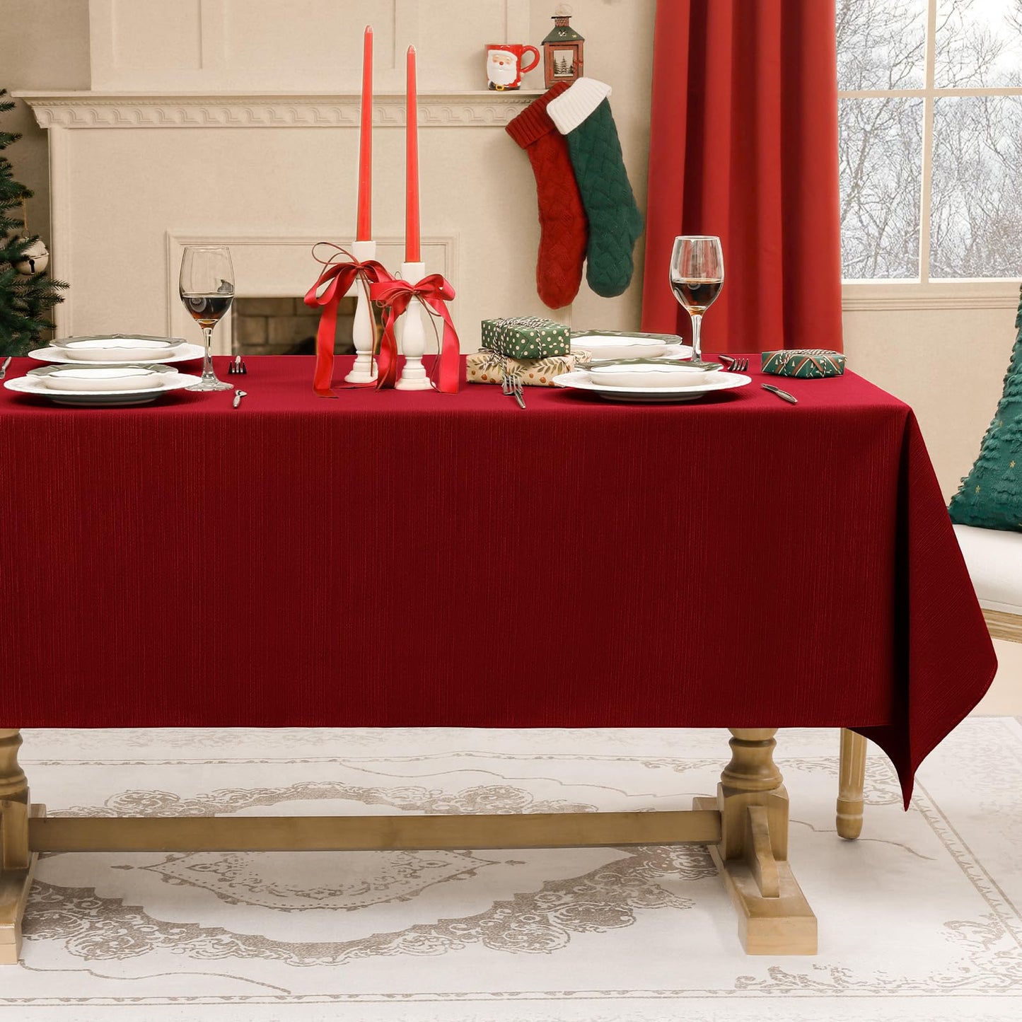 Softalker Jacquard Christmas Tablecloth Rectangle - Geometric Line Red Thick Table Cloth Waterproof & Stain Resistant Washable Table Covers for Xmas Eve/Family Dinner/Holiday Party (60 x 84 inch)