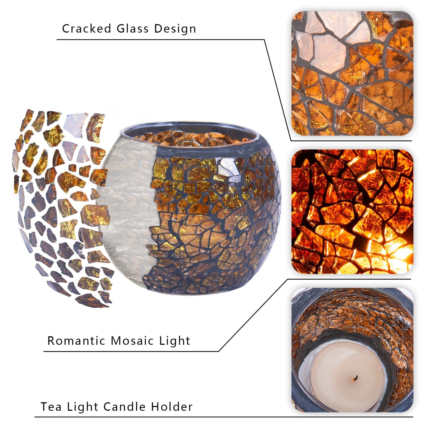 Scented Candle Holder Mosaic Glass Tea Light Holder,Handmade Romantic Glass Tealight Candle Holder for Aromatherapy,Party Décor(NO Candles),Also Used as Vase,Pen Holder,Potted Plants Bowl (Amber)