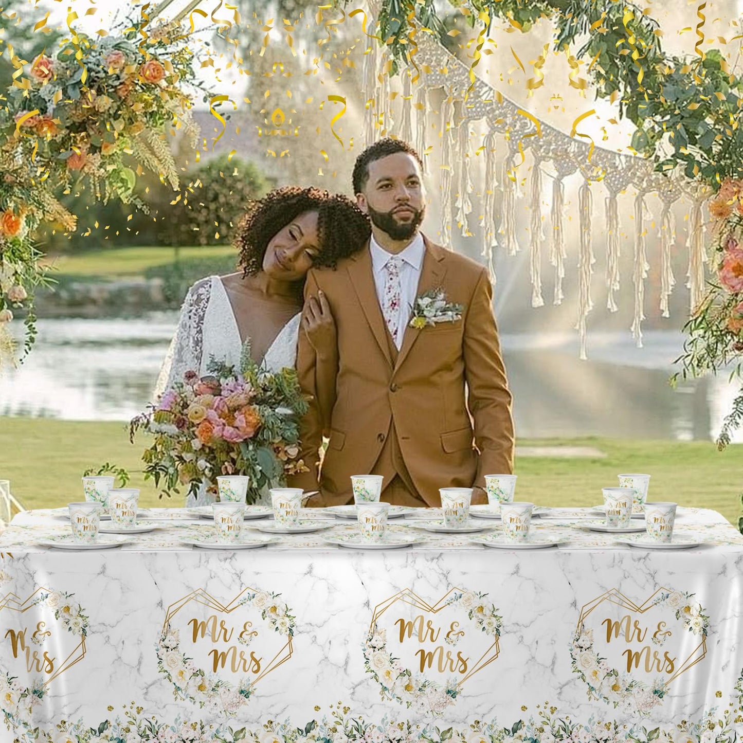 MEHOFOND 193 pcs White Wedding Party Decorations, Mr and Mrs Paper Plates Cup and Nakpins Set, Floral Wedding Disposable Dinnerware with Tablecloth, Bridal Shower Disposable Party Supplies, 24 Guests
