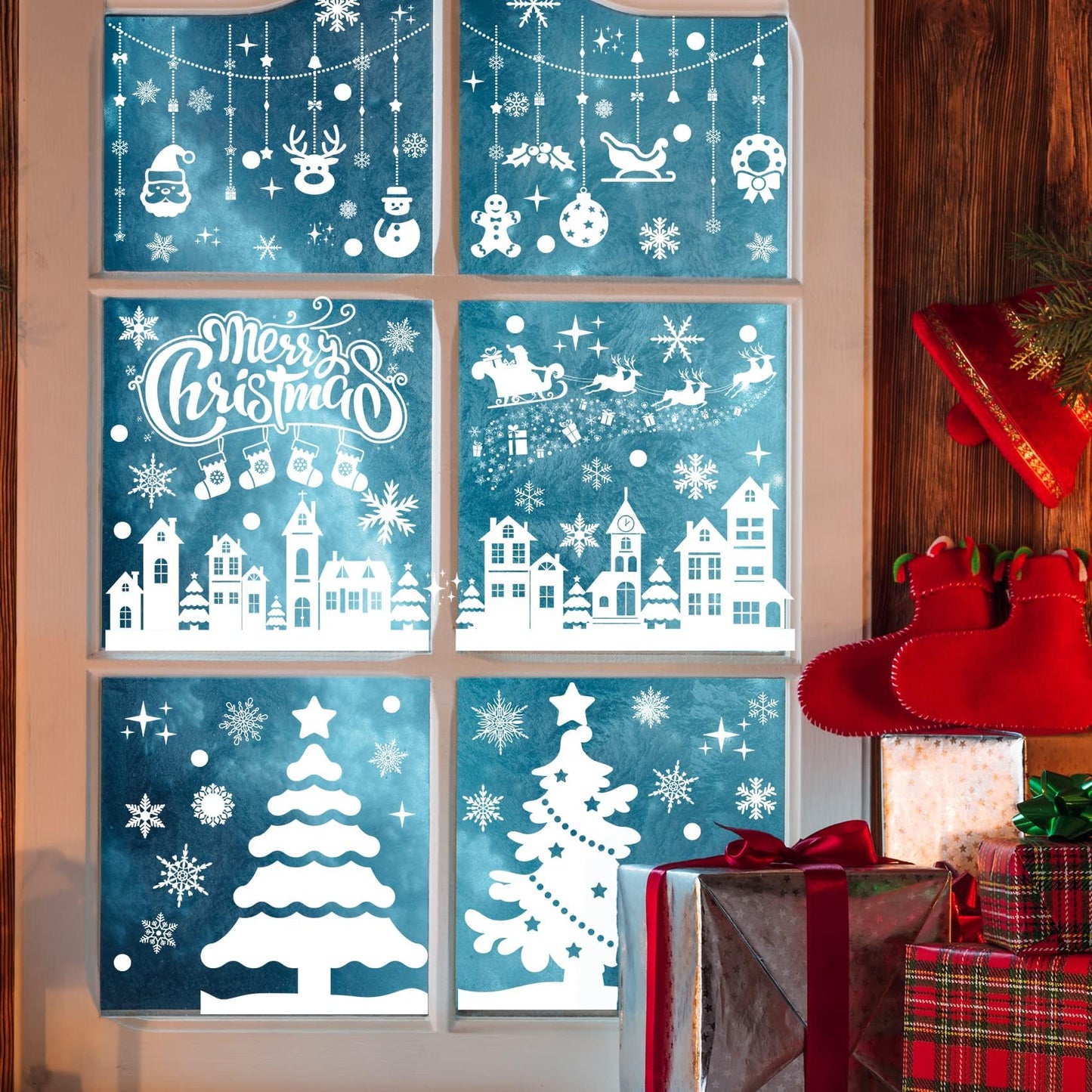 MISS FANTASY Christmas Window Clings Decorations, 10 Sheets Merry Christmas Scene Window Stickers for Glass Window Snowflakes Decals White Winter Snow Scene Xmas Decorations for Home Indoor