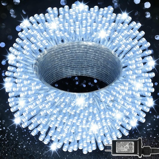 LJLNION 300 LED String Lights Outdoor Indoor, Extra Long 98.5FT Super Bright Christmas Lights, 8 Lighting Modes, Plug in Waterproof Fairy Lights for Holiday Wedding Party Bedroom Decorations ( White)