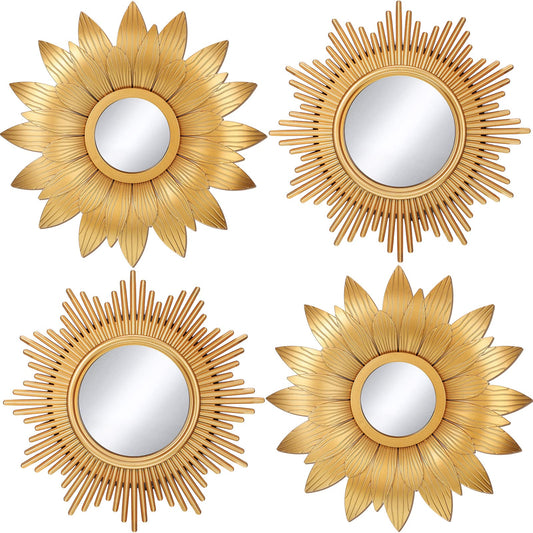 Jetec 4 Pcs Big Sunburst Wall Mirror Gold Vintage Mirror Set for Wall Metal Hanging Round Decorative Mirrors Accessories Modern Present for Living Room Bedroom Entryway Home Decor 10 Inch