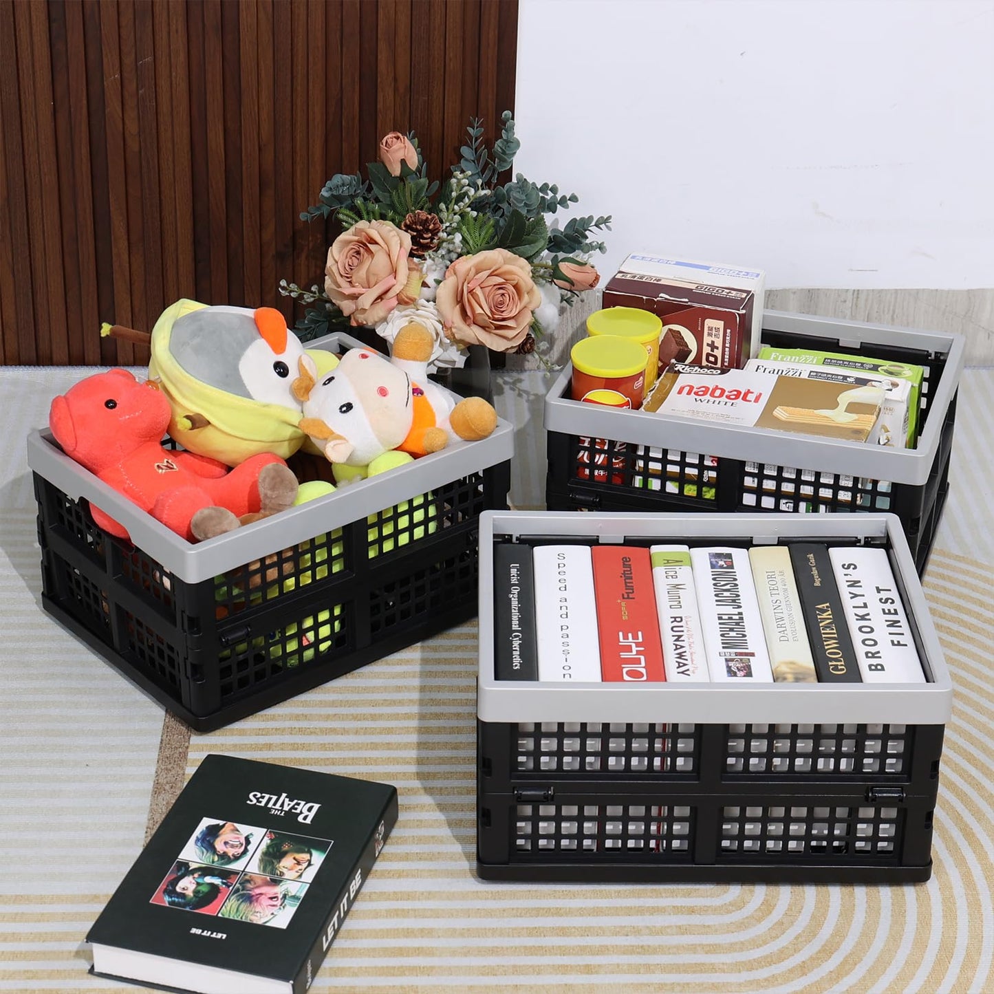 Innouse Pack of 3 Small Collapsible Storage Crates, 16 L Black Plastic Milk Crates