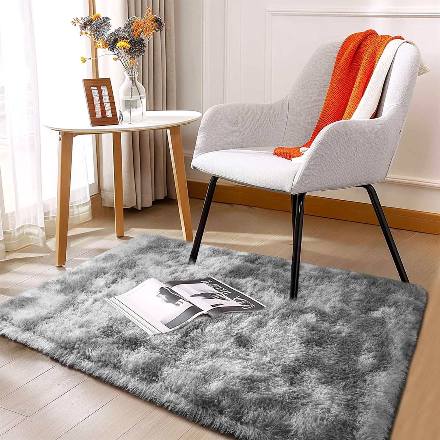 Shaggy Soft Fluffy Rug Non-Slip Indoor Floor Carpet for Living Room Anti-Skid Indoor Plush Carpet for Living Room, Height Pile 1.4" Plush Rug Tie-Dyed Light Grey 2x3 Feet