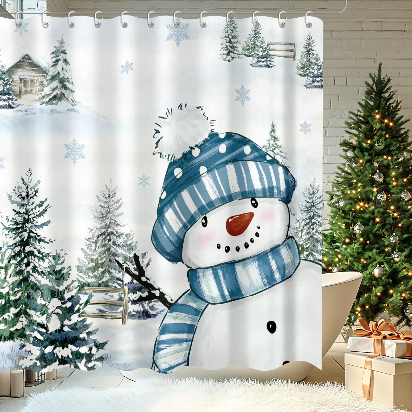 Moutina Winter Christmas Snowman Shower Curtain, Snow Snowflake Xmas New Year Holiday Winter Decor Bathroom Curtain Set - 72x72 Inch Waterproof Polyester Fabric with Hooks