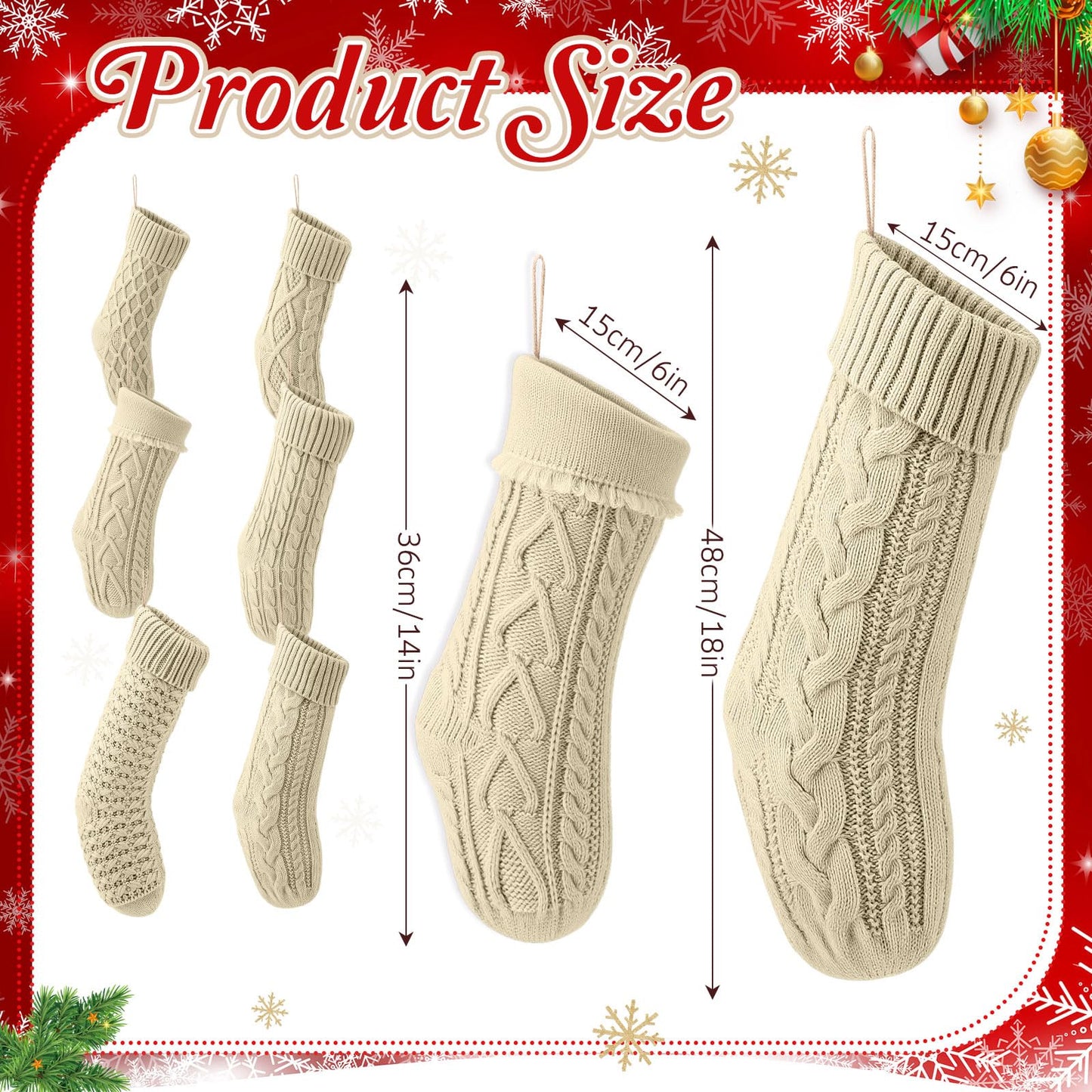 Chicingyou 6 Pcs Christmas Stockings 18" 14'' Cable Knit Neutral Stockings Rustic Farmhouse Fireplace Christmas Ornaments Handmade Boho Knit Socks for Mantel Tree Wall Holiday Decor(Cream)