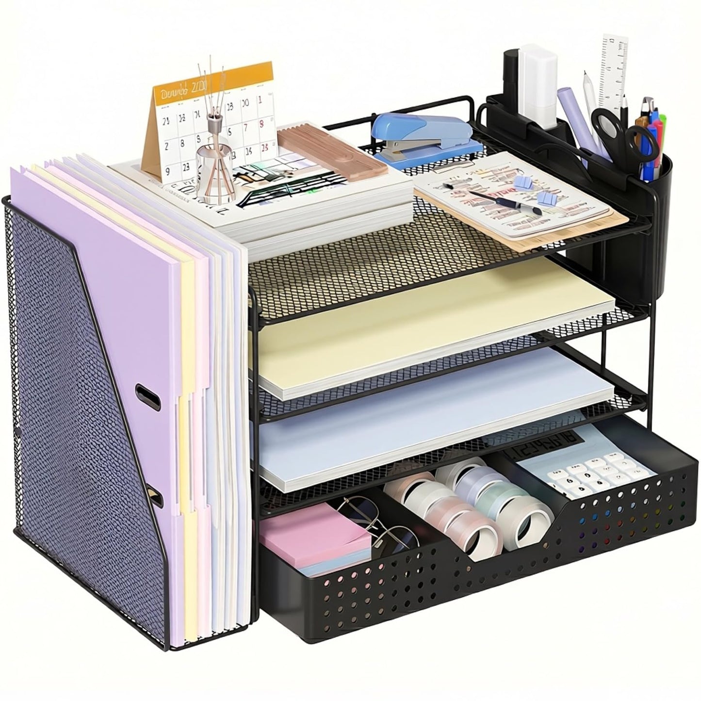 ECOLOVI Desk Organizer, 4-Tier Paper Organizer Letter Tray with File Holder, Drawer and 2 Pen Holders, Desktop File Organizer for Office Supplies, Workspace Storage, Black