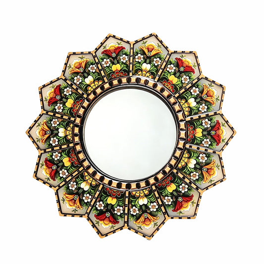 Sunburst Flower Decorative Wall Mirror Mandala Floral Hand-Painted Wooden Frame Shatterproof Acrylic Hanging Mirror Rustic Moroccan Boho Home Decor Farmhouse Wall Accent Mirror for Housewarming Gift